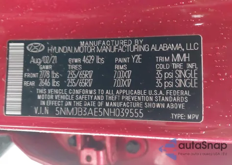 2022 Hyundai Tucson Sel z USA, uszkodzony, nr VIN 5NMJB3AE5NH039555